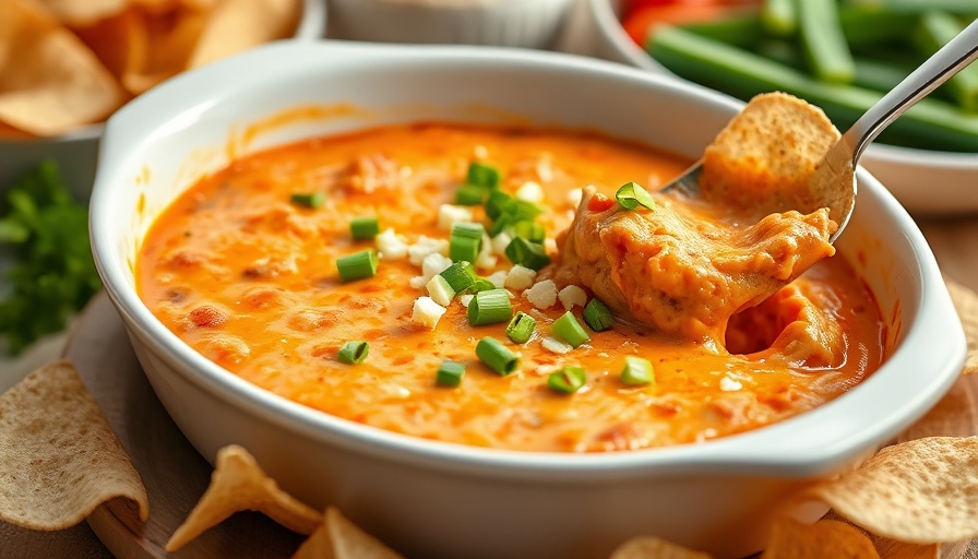 Delicious high-protein buffalo chicken dip with toppings and chips.