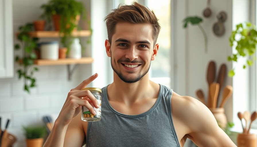 Fit man in kitchen discussing supplements, avoiding health coaching mistakes.