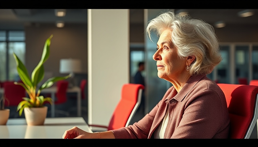 Older woman contemplating at work with focus on menopause and mental health.