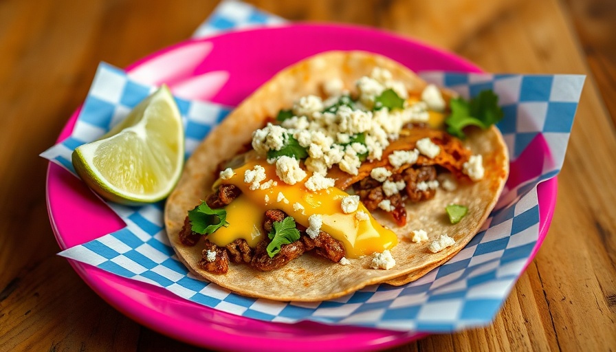 San Antonio’s Plantaqueria taco with cheese and crumble on a pink plate.