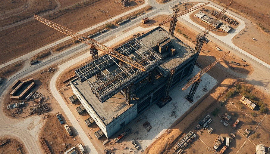 Aerial view of construction site near Laredo bridge, highlighting large structures.