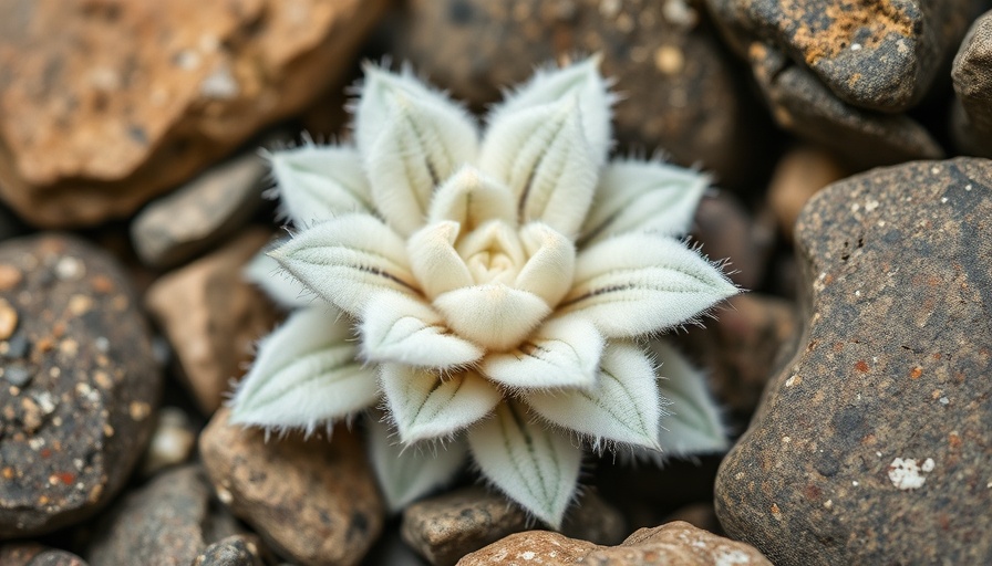 Close-up of Woolly Devil plant nestled in stones.