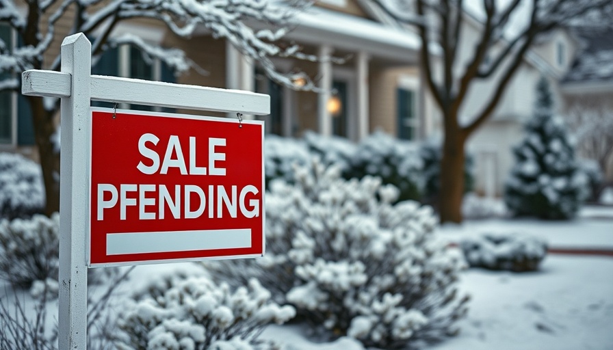 Pending home sales in the US hit historic low as shown by a snowy 'Sale Pending' sign in front of a suburban house.