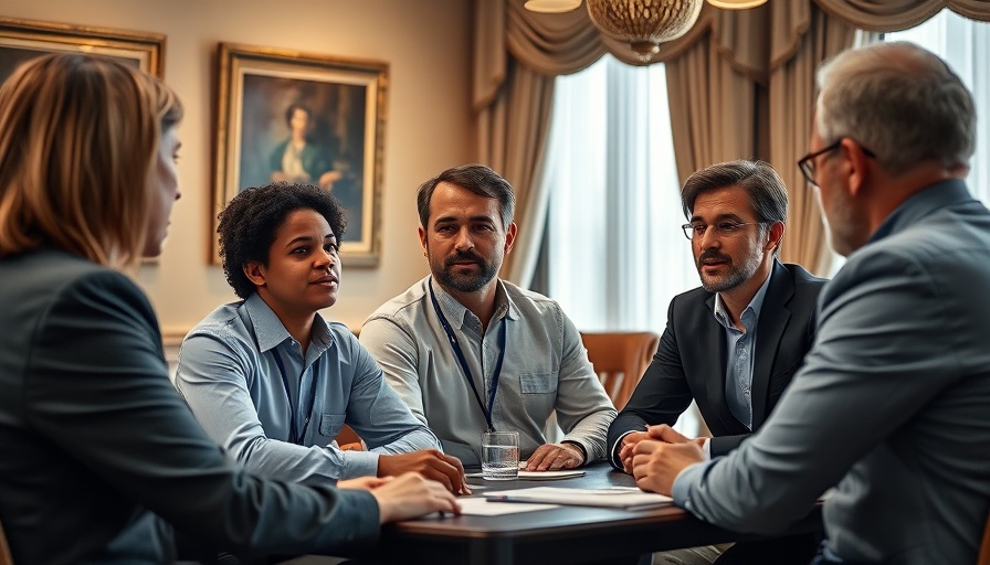 Meeting with diverse professionals, tech support shirt visible, warm setting.