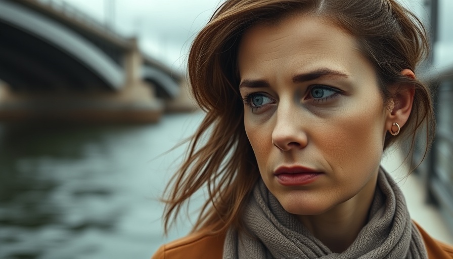 Woman with serious expression, support for Ukraine backdrop