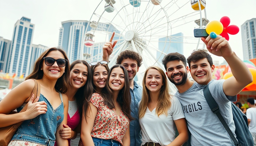 Friends posing at Austin festivals 2025 with Ferris wheel.