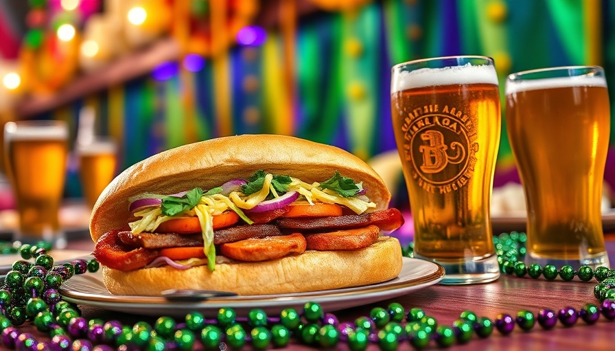 Festive Mardi Gras meal with sandwich and beer in Austin.