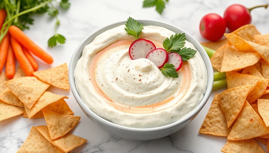 Radish cream cheese dip with garnish and veggies.