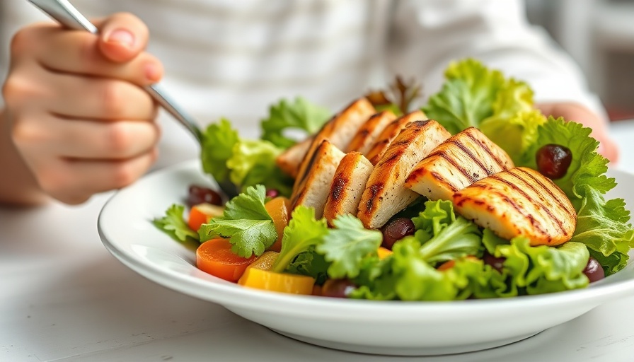 Healthy meal with grilled chicken, promoting 'Eat More to Lose Weight.'