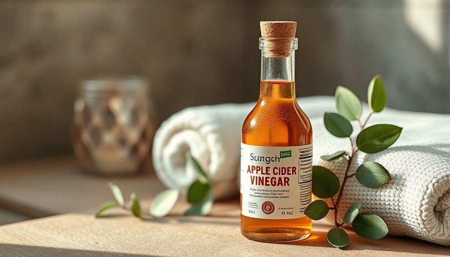 Aesthetic apple cider vinegar bottle with towels and eucalyptus.