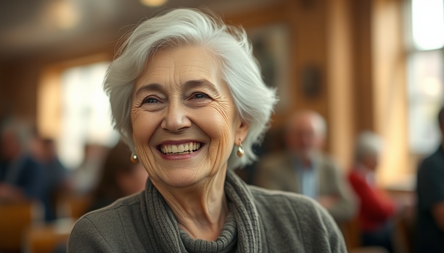 Elderly woman smiling warmly in a photorealistic setting.