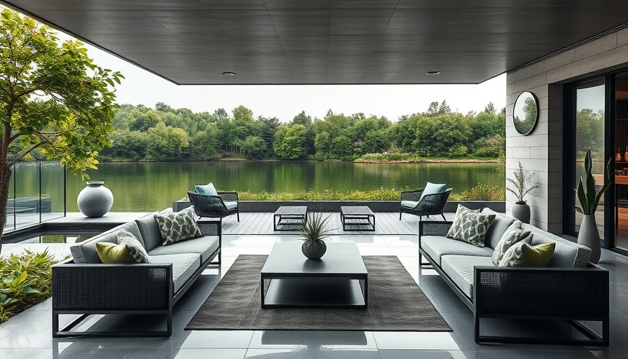 Modern Austin outdoor living space by a lake.