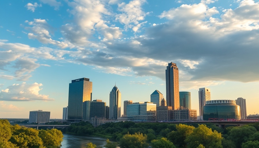 Austin business news skyline with skyscrapers and river view