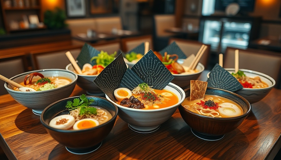 Top view of three colorful ramen bowls on wooden table in Austin.