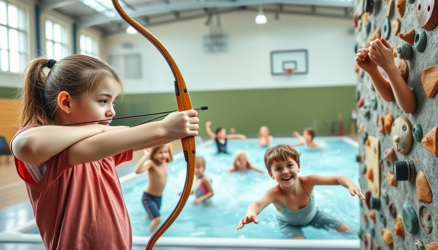 Children having fun at summer camp with archery, swimming, and climbing.