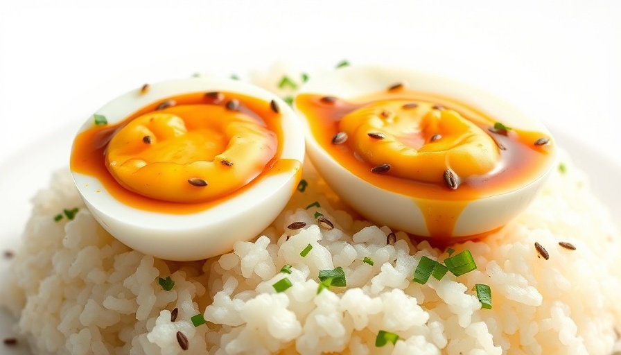 Miso jammy eggs with fluffy rice in a bowl.