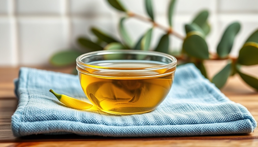 DIY Hair Oil Treatment in a glass bowl on a blue towel.