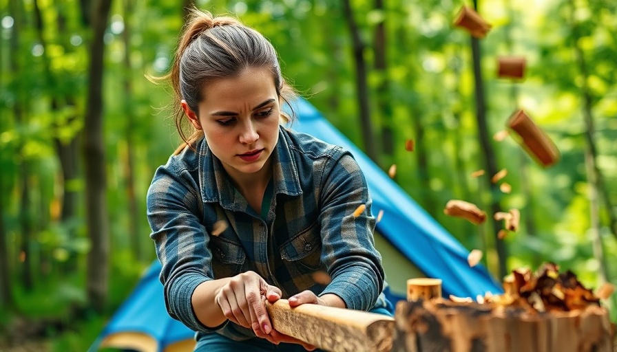 Young woman performing a wood chop exercise outdoors next to a blue tent.
