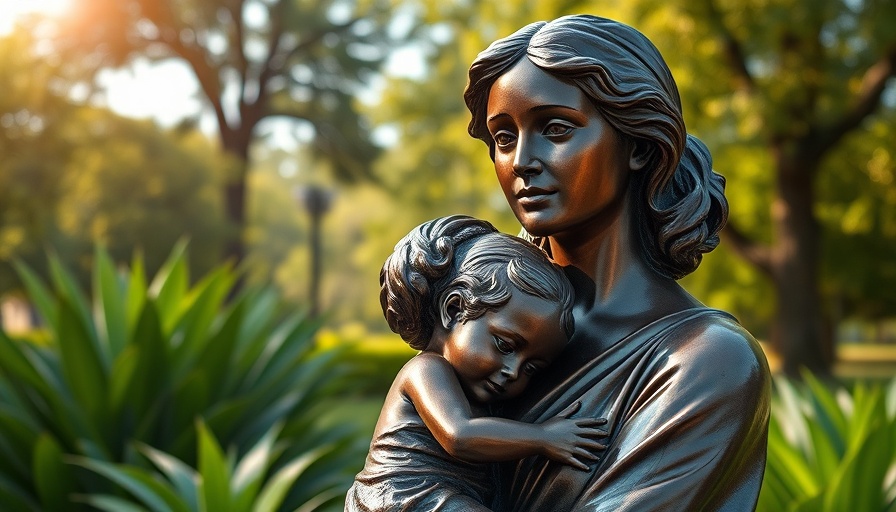 Bronze sculpture of woman holding child in a park, symbolic art.