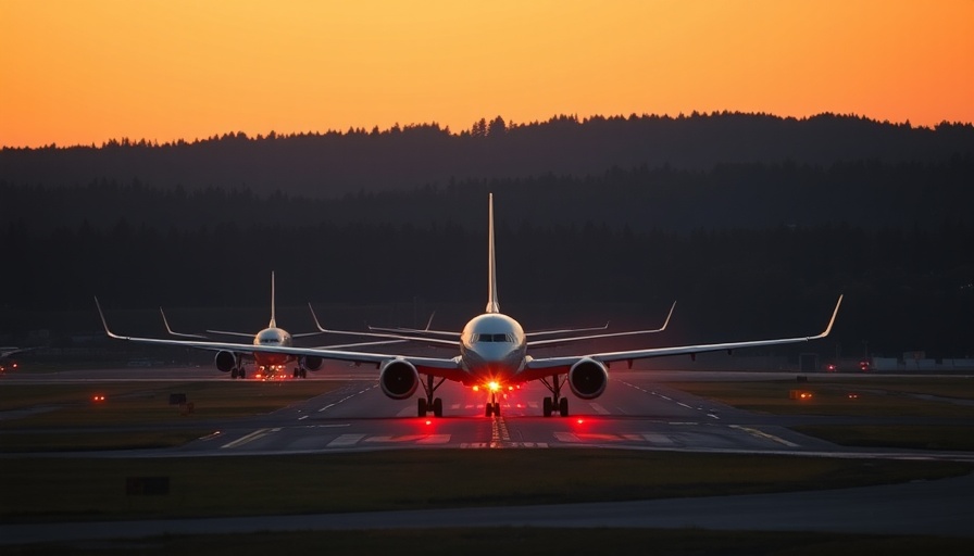 Sunset airport scene with planes on runway, emphasizing travel advisories.