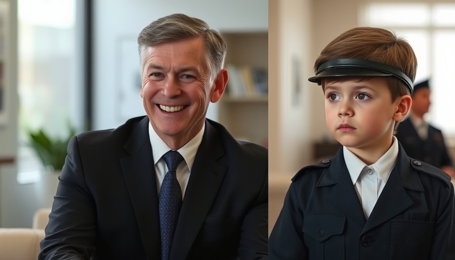 Contrasting emotions in two-panel image with smiling man and concerned boy in uniform.