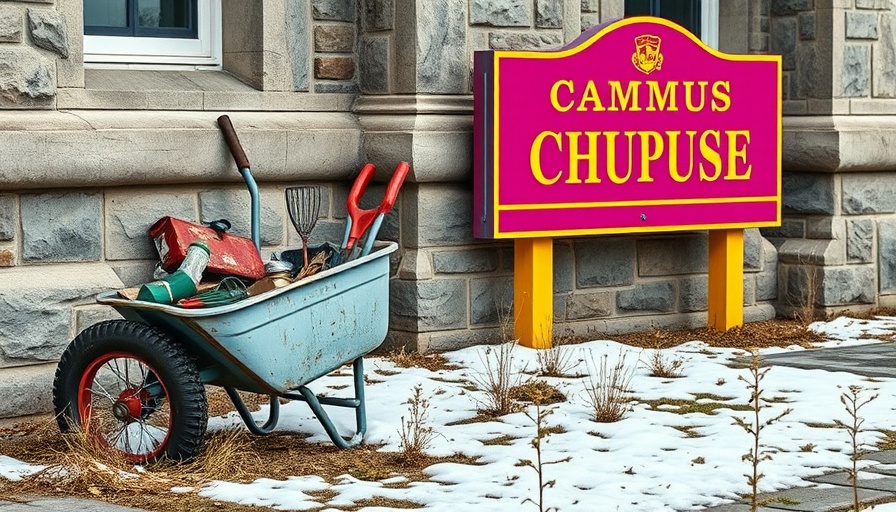 Campus debate sign with wheelbarrow, free speech discussion setting.