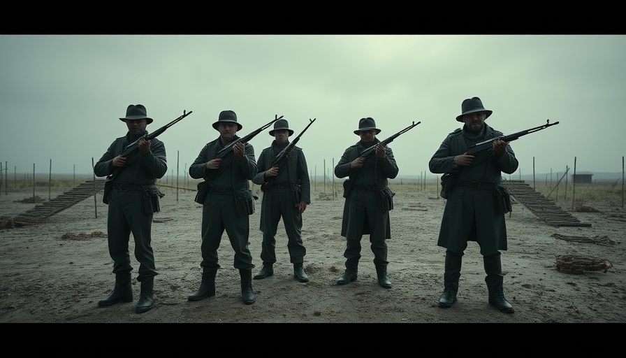 Dramatic firing squad execution scene in the US, somber backdrop.