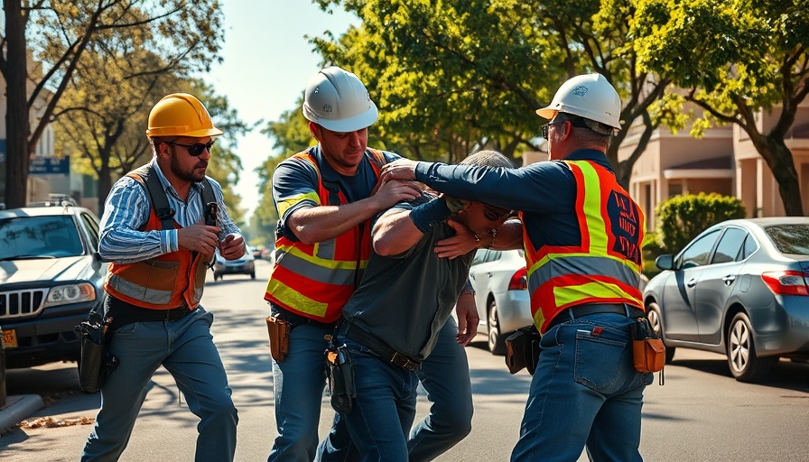Construction workers confront armed robber on suburban street, dynamic action.