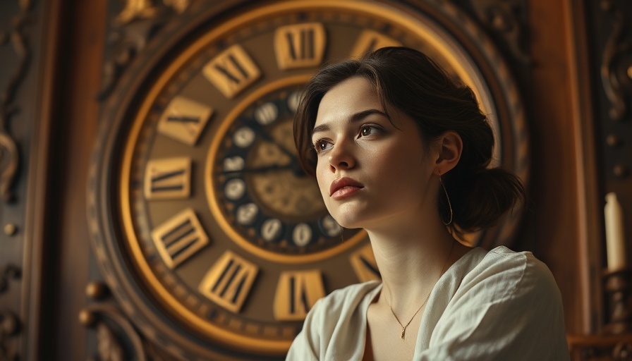 Calm woman, meditative pose against ancient clock, manage stress levels