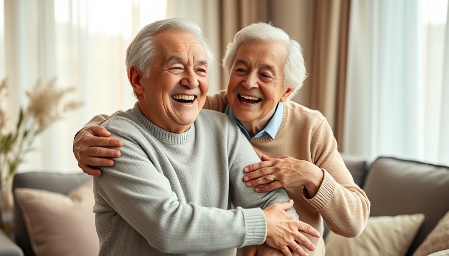 Joyful elderly couple at home, embracing with happiness.