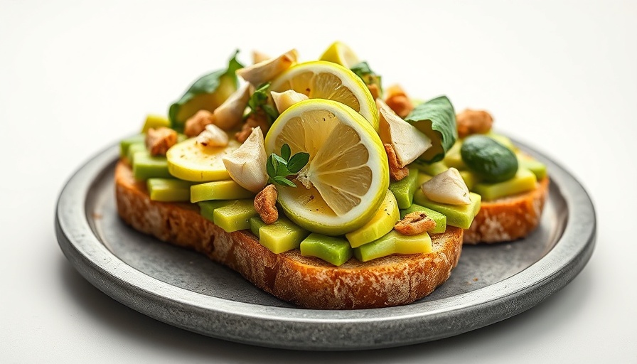 Protein in avocado toast with lime and garlic on stone plate.