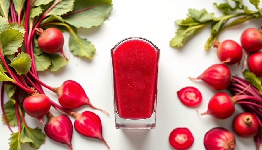 Beetroot juice and radishes comparison with bold text on a white background.