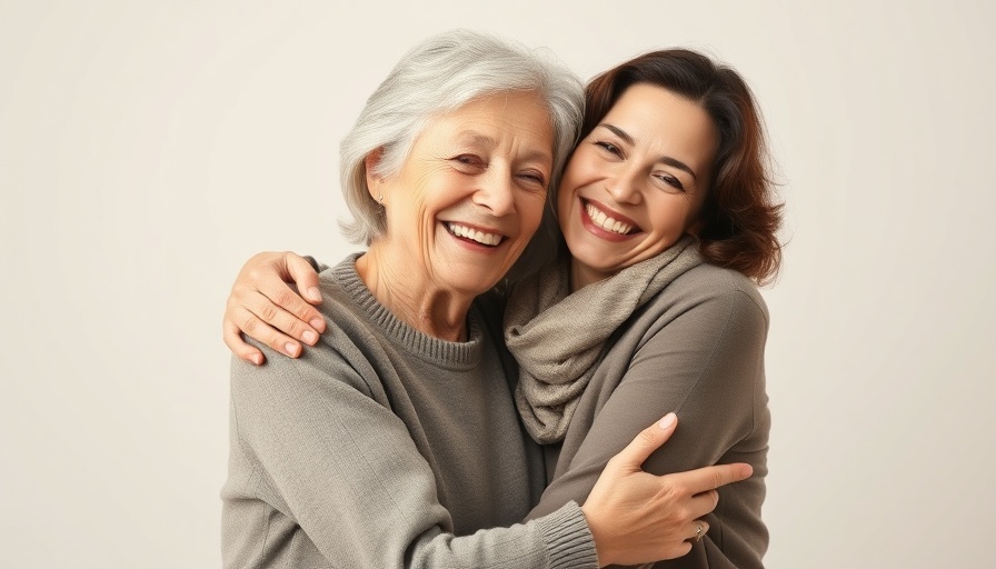 Joyful embrace between older and younger women, symbolizing aging gracefully.