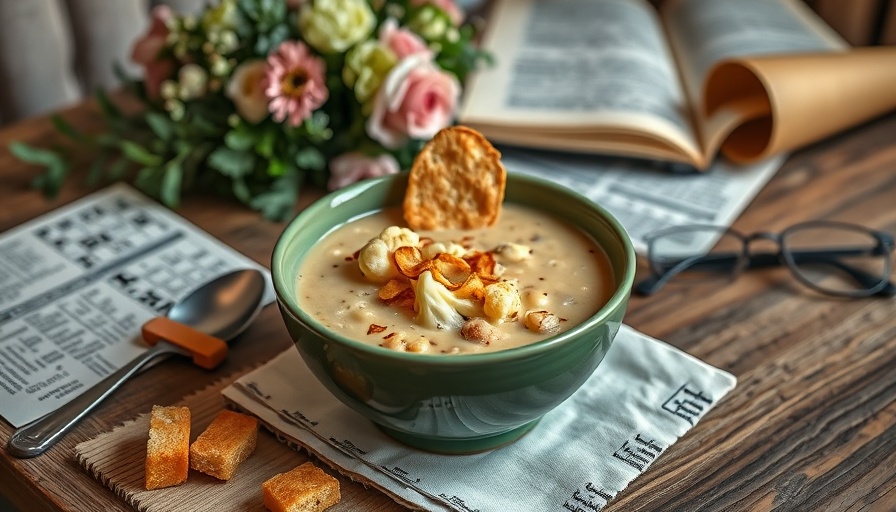Creamy cauliflower and white bean soup topped with croutons.