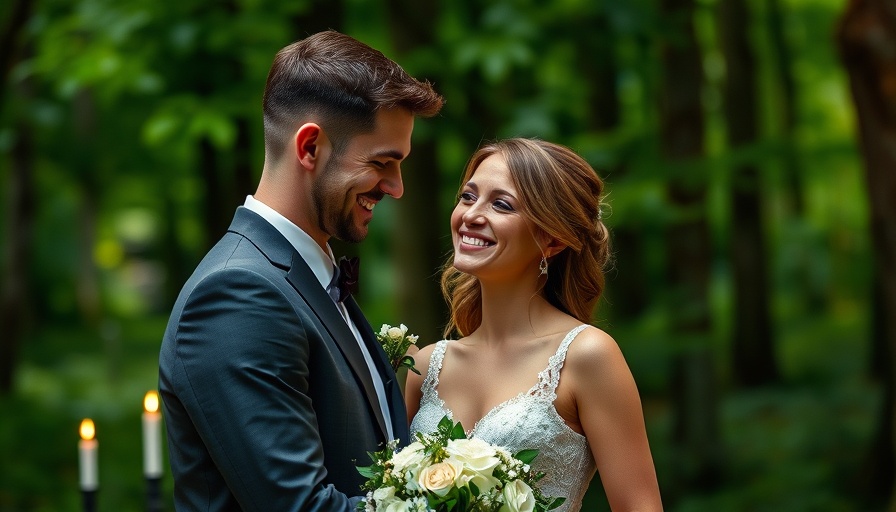Joyful couple in a forest setting exchanging vows, conveying presence.