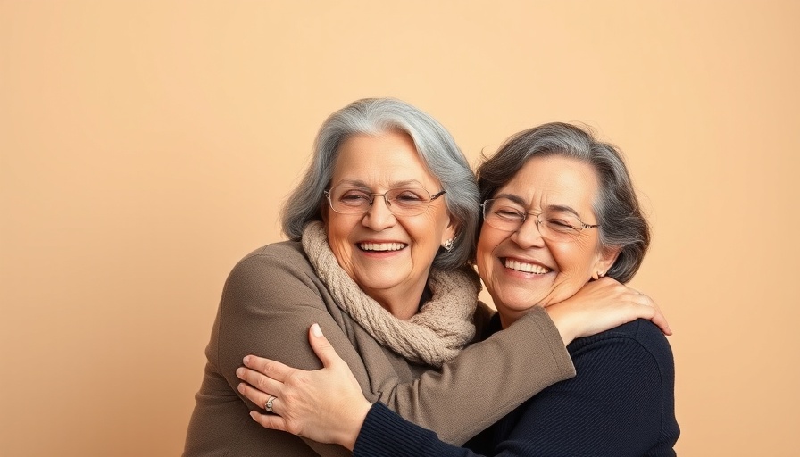 Two women embracing warmly, smiling happily.