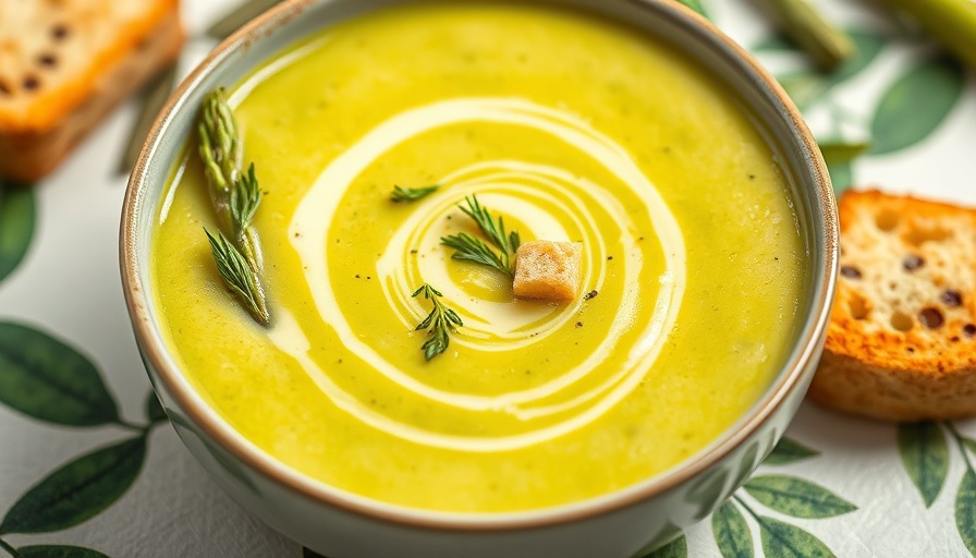 Asparagus Recoup Soup with croutons and herbs on white table.