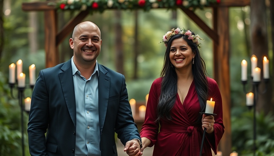 Joyful couple in a forest setting, symbolizing 'Can Being Present Change the World'.