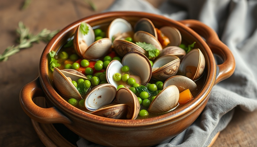 Healthy eating recipes with clams and vegetables in a rustic bowl.
