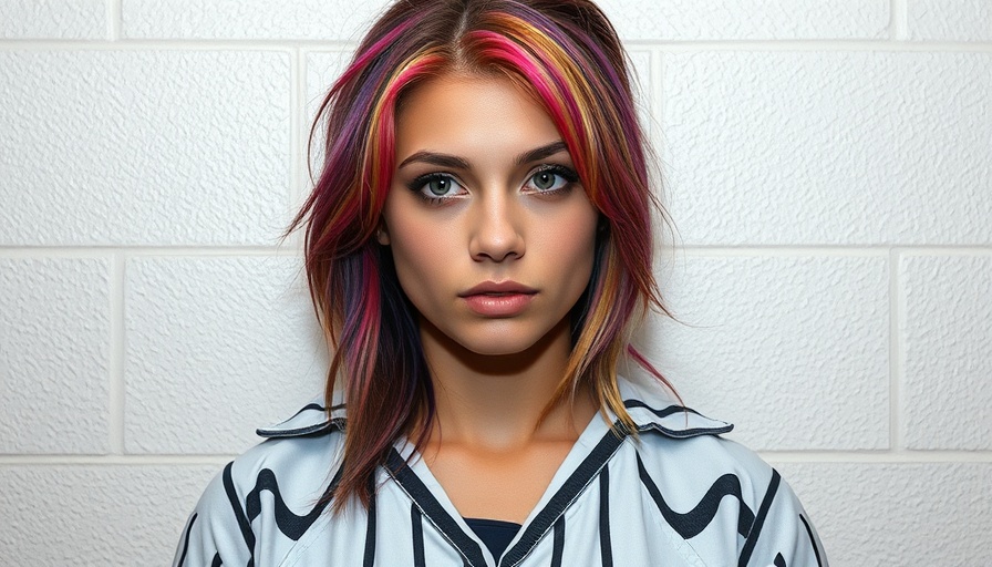 Austin woman with colorful hair in prison attire against plain wall.