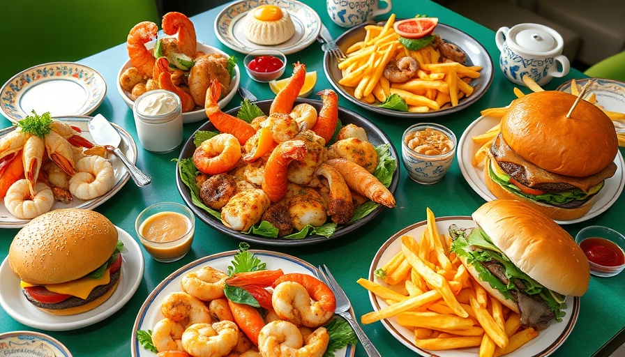 Gourmet lunch spread in downtown Austin, featuring seafood platters and burgers.