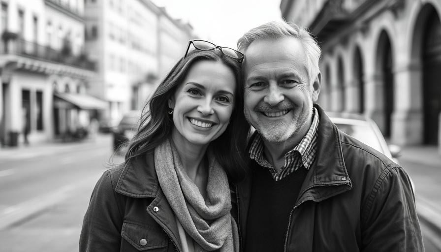 Smiling couple in black and white vintage photograph.