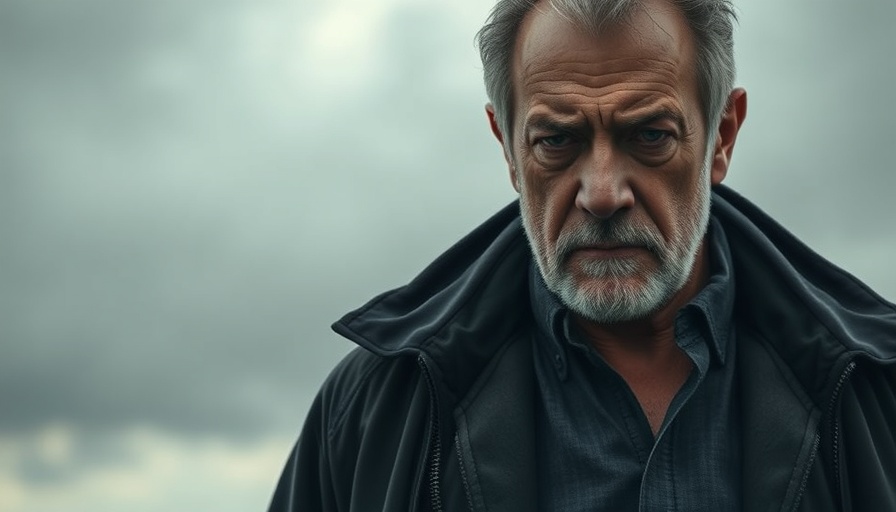 Serious older male with intense expression, cloudy background