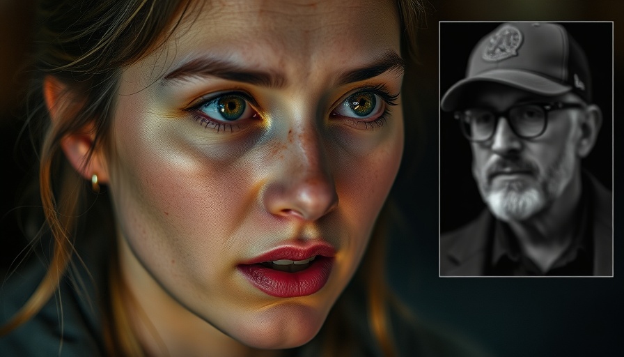 Young woman speaks seriously, inset of man in cap, black and white.