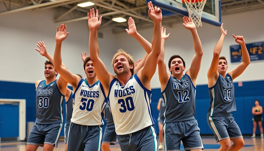 Houston high school boys basketball players celebrating victory on court.