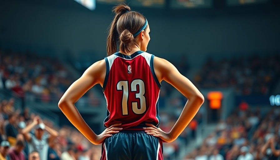 WNBA player in game, hands on hips, focused expression, stadium background.