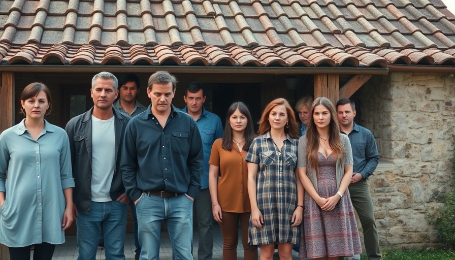 Death of a Unicorn review scene with serious group outside rustic house