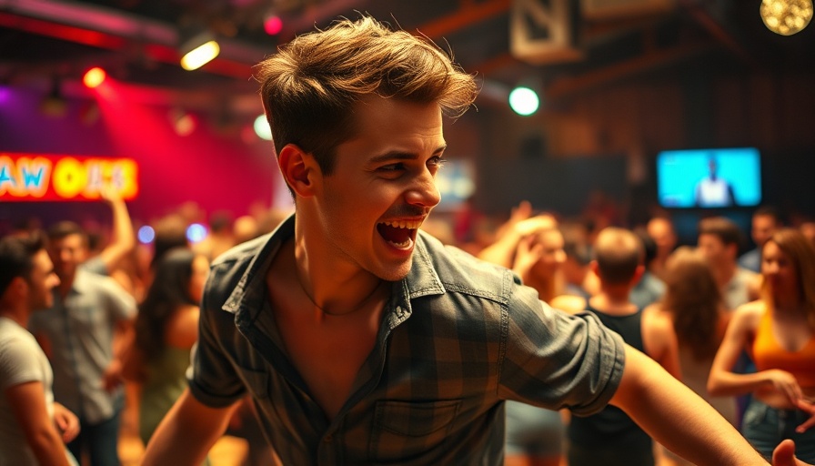 Energetic dance scene, lively crowd, dramatic warm lighting