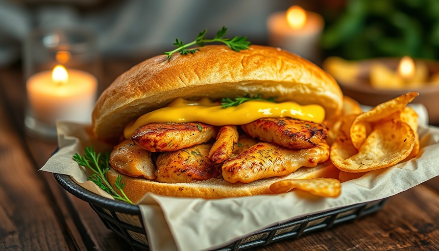 Herby mustard roasted chicken sandwich with chips on wood.