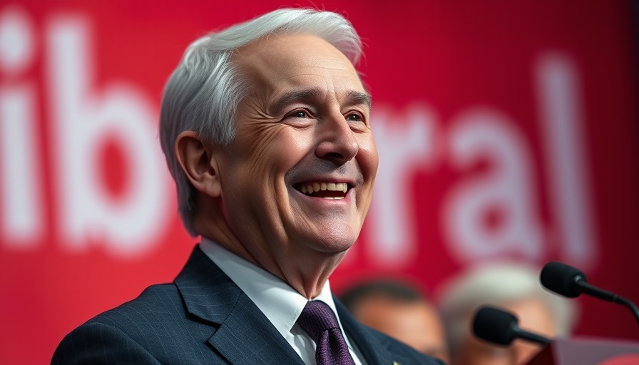 Mark Carney smiling at an event with a red Liberal backdrop.